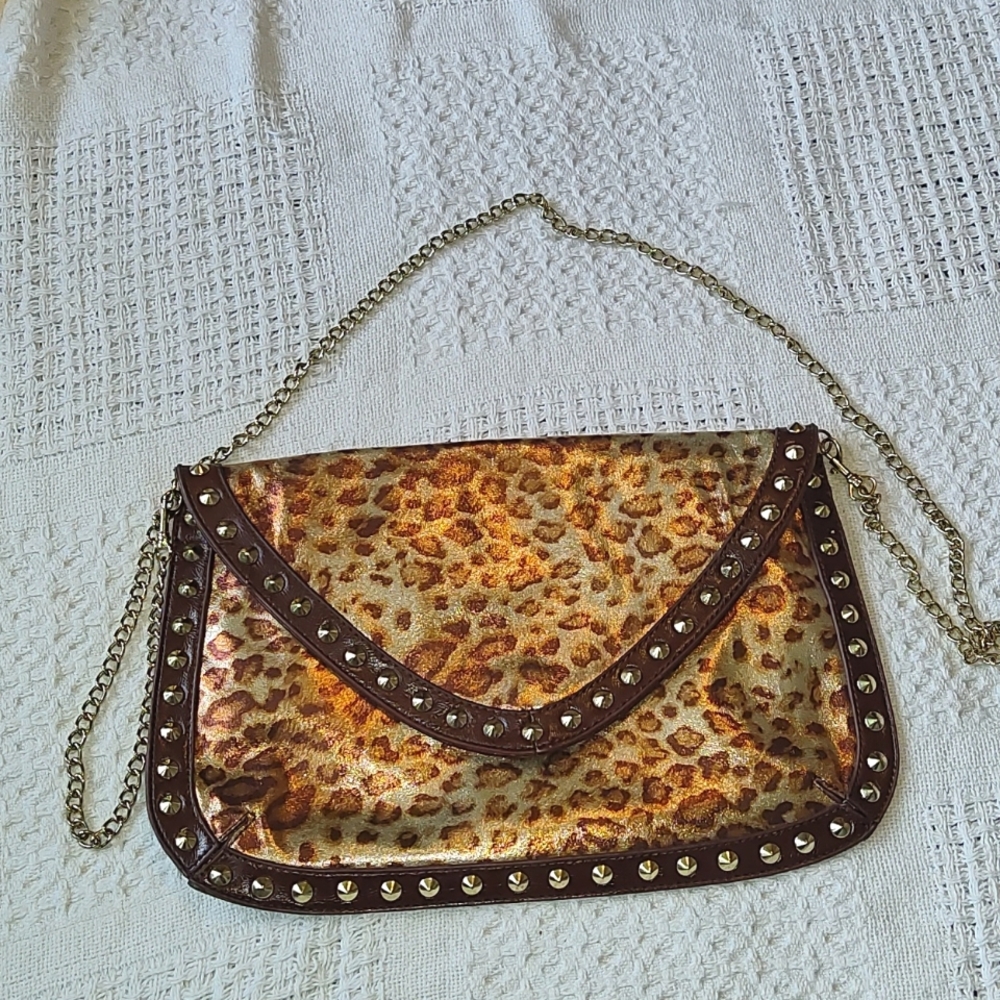 Steve Madden Leopard Print Golden Studs Chain Strap Purse/Clutch
